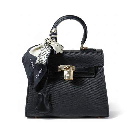 Black Chrisbella handbag with scarf and background removed