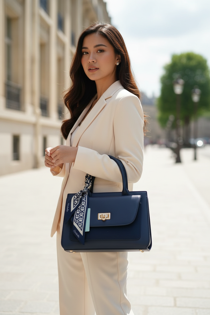 Chrisbella navy blue luxury handbag with textured finish, top handle, detachable sling strap, and matching wallet – women’s designer bag UAE
