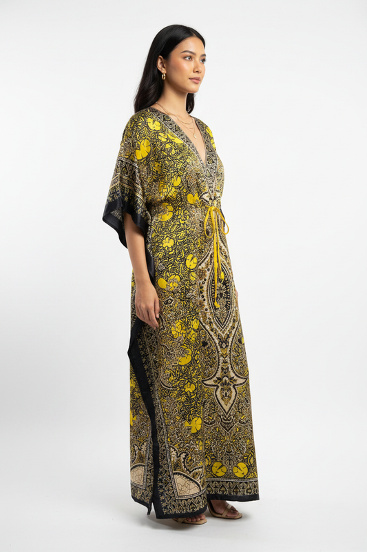 Premium yellow kimono long dress for women
