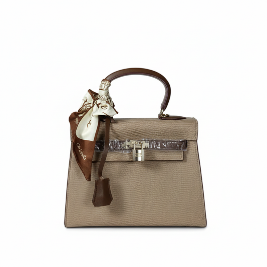 Chrisbella khaki luxury handbag with silver lock hardware and decorative scarf for women in UAE