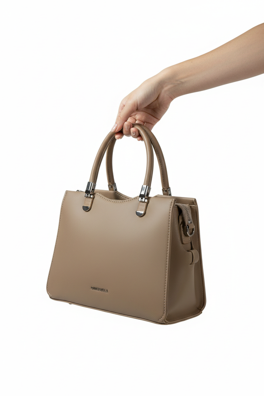 Chrisbella mini taupe brown luxury handbag with adjustable sling and matching pouch for women in UAE