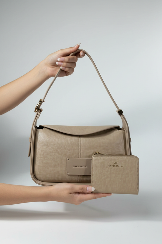 Chrisbella beige cream luxury shoulder hobo bag with adjustable sling and matching wallet for women in UAE