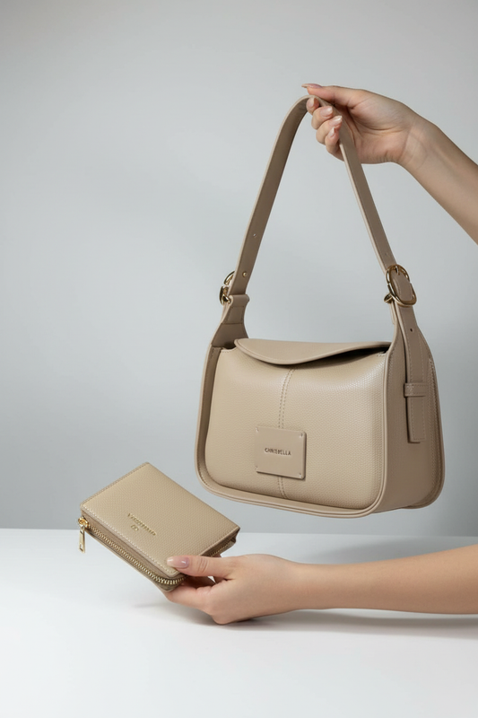 Chrisbella beige cream luxury shoulder hobo bag with adjustable sling and matching wallet for women in UAE