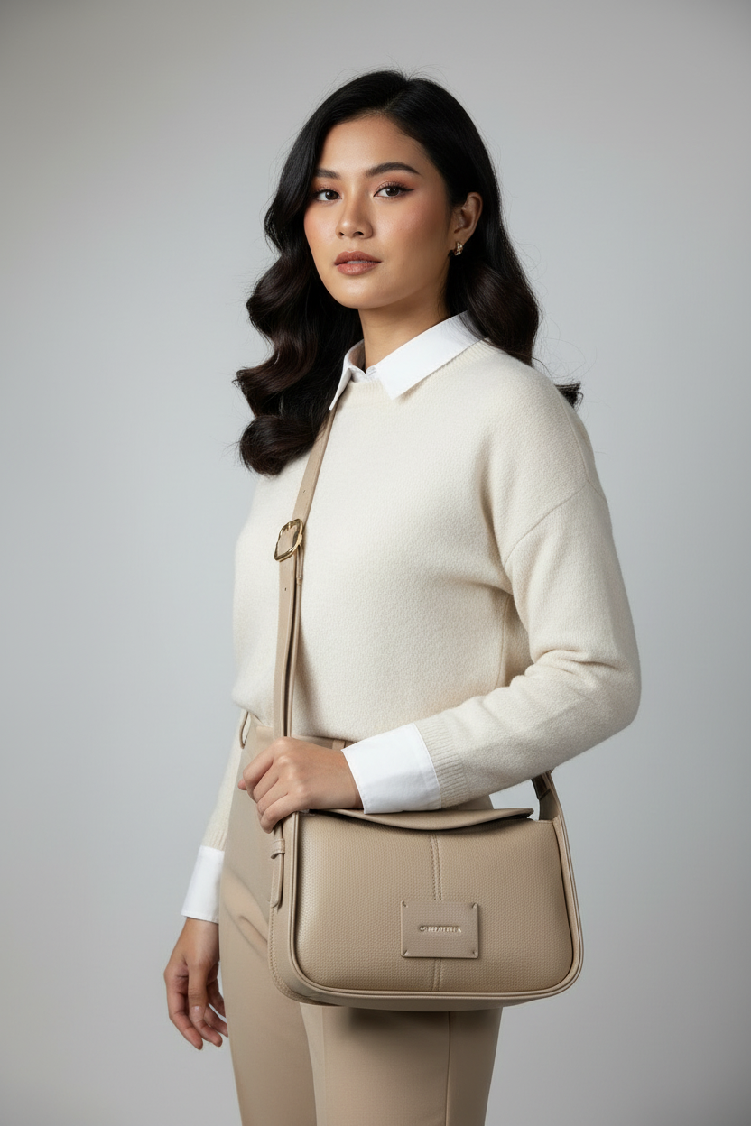 Chrisbella beige cream luxury shoulder hobo bag with adjustable sling and matching wallet for women in UAE