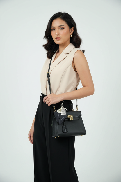 Chrisbella mini black luxury structured handbag with adjustable sling, scarf and lock for women in UAE