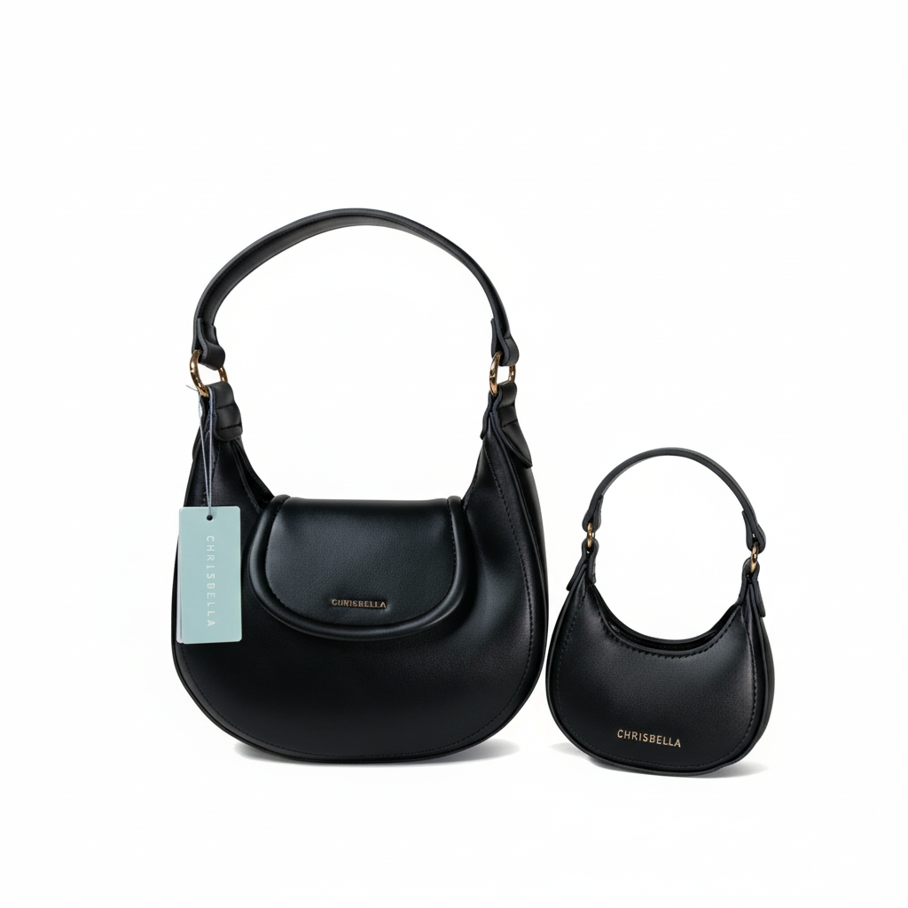 Chrisbella black luxury hobo bag set with mini bag and gold chain strap for women in UAE