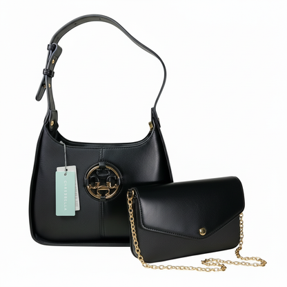 Chrisbella black luxury shoulder bag with gold hardware and matching wallet for women in UAE