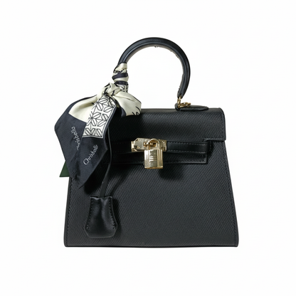 Chrisbella mini black luxury structured handbag with adjustable sling, scarf and lock for women in UAE