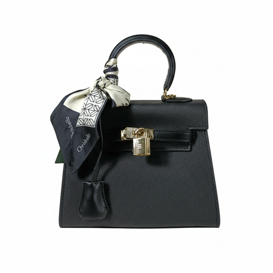 Chrisbella mini black luxury structured handbag with adjustable sling, scarf and lock for women in UAE