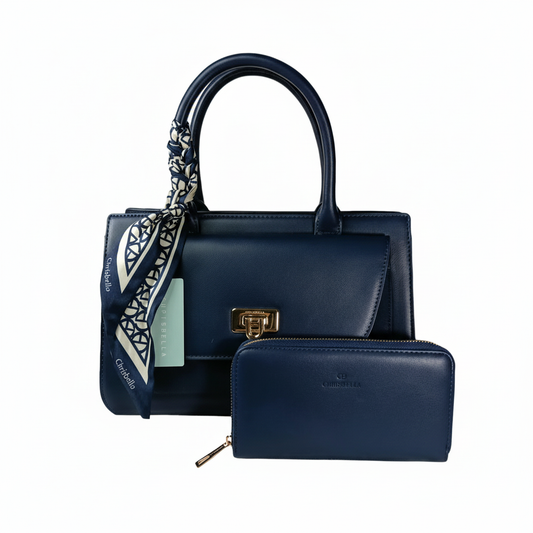 Chrisbella Navy Blue Luxury Handbag with Sling & Matching Wallet – Elegant Textured Top Handle Bag for Women | UAE
