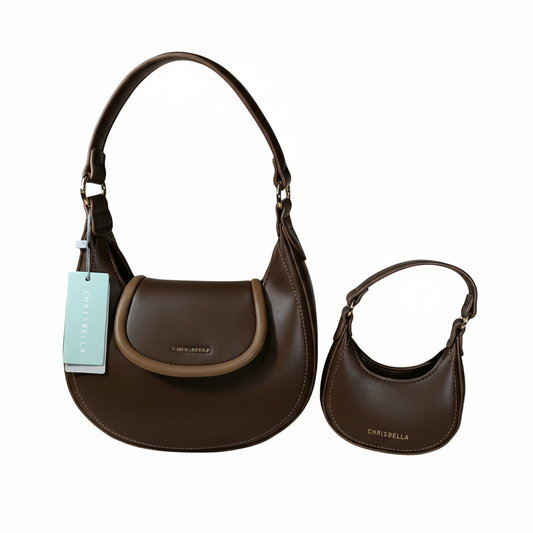Chrisbella brown luxury hobo bag set with mini bag and gold chain strap for women in UAE