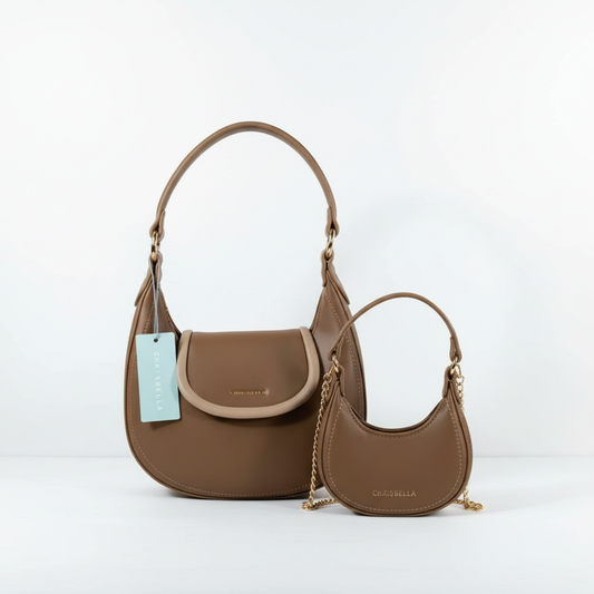 Chrisbella brown luxury hobo bag set with mini bag and gold chain strap for women in UAE