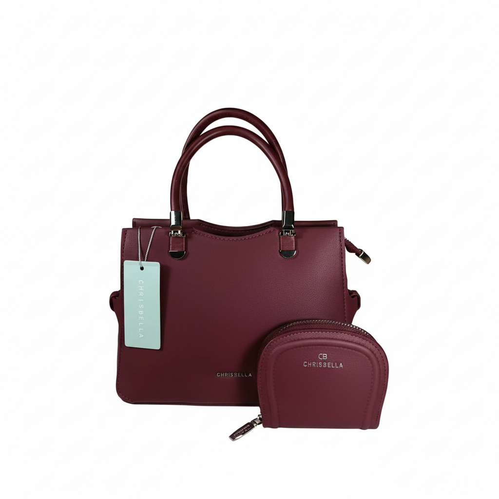 Chrisbella mini burgundy wine luxury handbag with adjustable sling and matching pouch for women in UAE