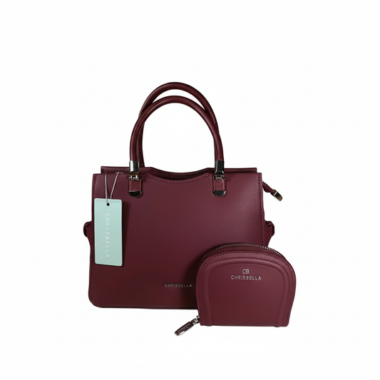 Chrisbella mini burgundy wine luxury handbag with adjustable sling and matching pouch for women in UAE