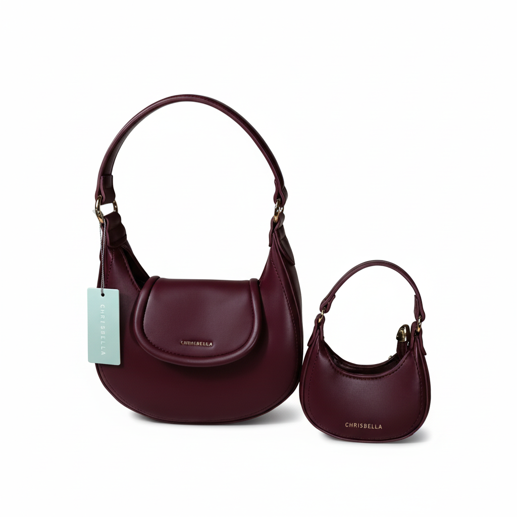 Burgundy Chrisbella hobo bag set with background removed