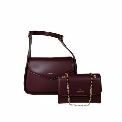 Chrisbella burgundy wine luxury shoulder bag with envelope flap and matching wallet for women in UAE