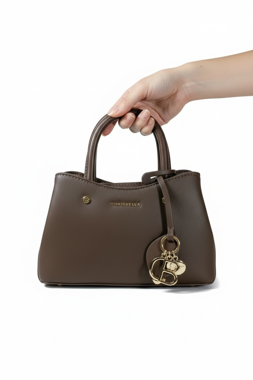 Chrisbella dark brown mini luxury handbag with adjustable sling and gold hardware for women in UAE