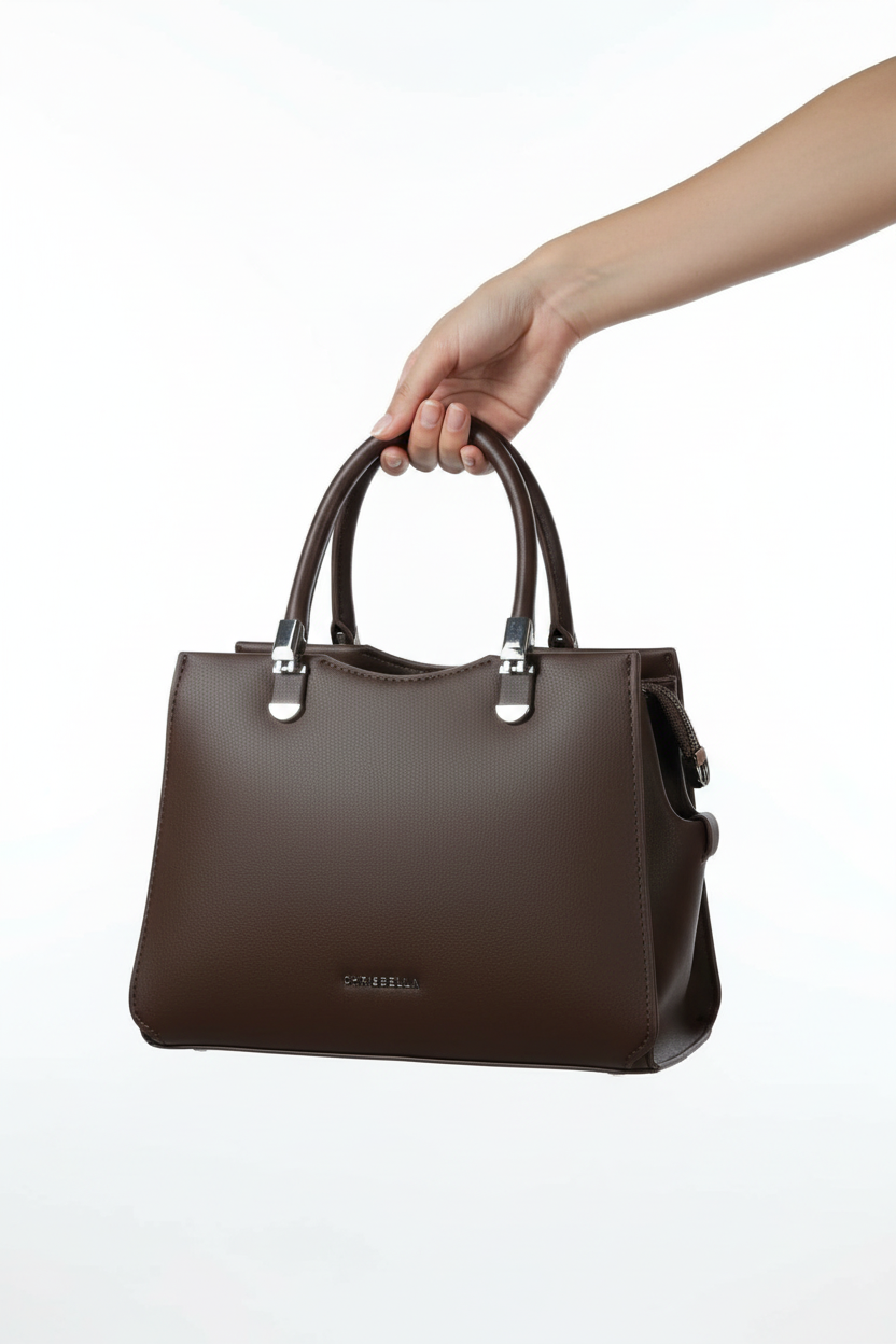 Chrisbella mini dark brown luxury handbag with adjustable sling and matching pouch for women in UAE