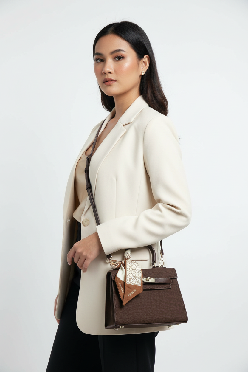 Chrisbella mini dark brown luxury structured handbag with sling, scarf and lock for women in UAE