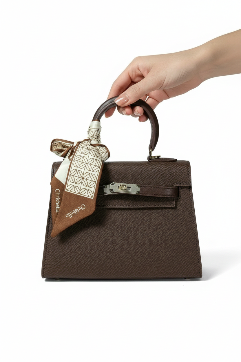 Chrisbella mini dark brown luxury structured handbag with sling, scarf and lock for women in UAE