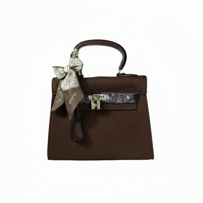 Chrisbella dark brown luxury handbag with gold lock hardware and decorative scarf for women in UAE