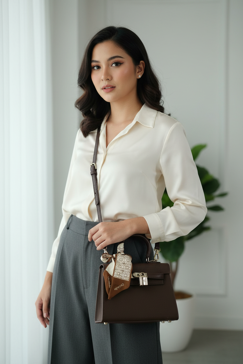 Chrisbella mini dark brown luxury structured handbag with sling, scarf and lock for women in UAE