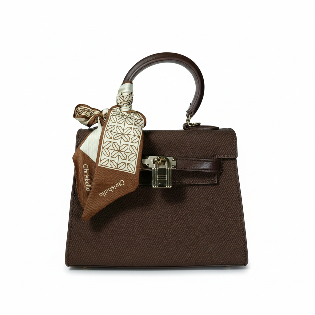 Chrisbella mini dark brown luxury structured handbag with sling, scarf and lock for women in UAE