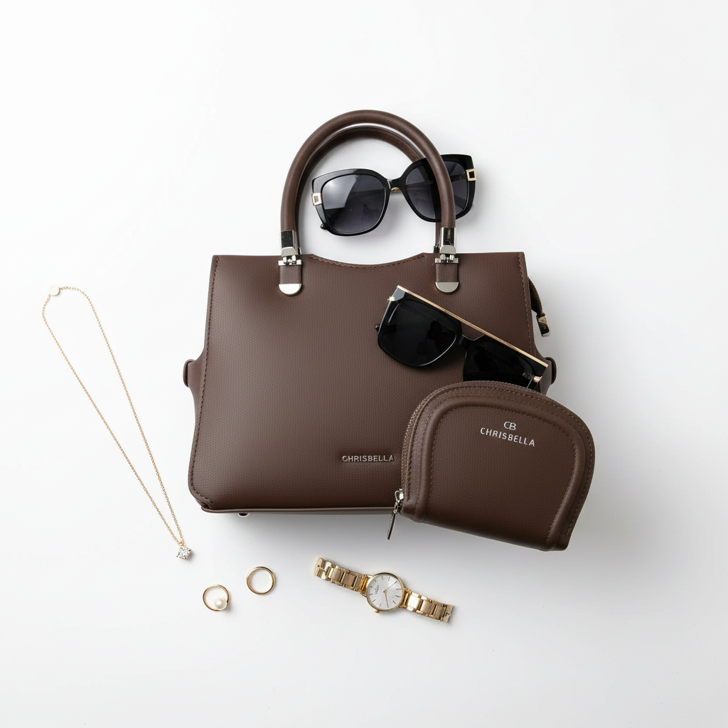 Chrisbella mini dark brown luxury handbag with adjustable sling and matching pouch for women in UAE