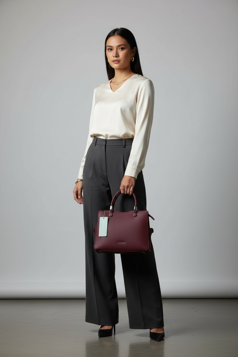 Chrisbella mini burgundy wine luxury handbag with adjustable sling and matching pouch for women in UAE