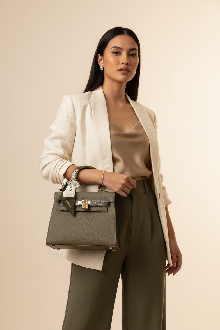 Chrisbella olive green luxury handbag with silver lock hardware and decorative scarf for women in UAE