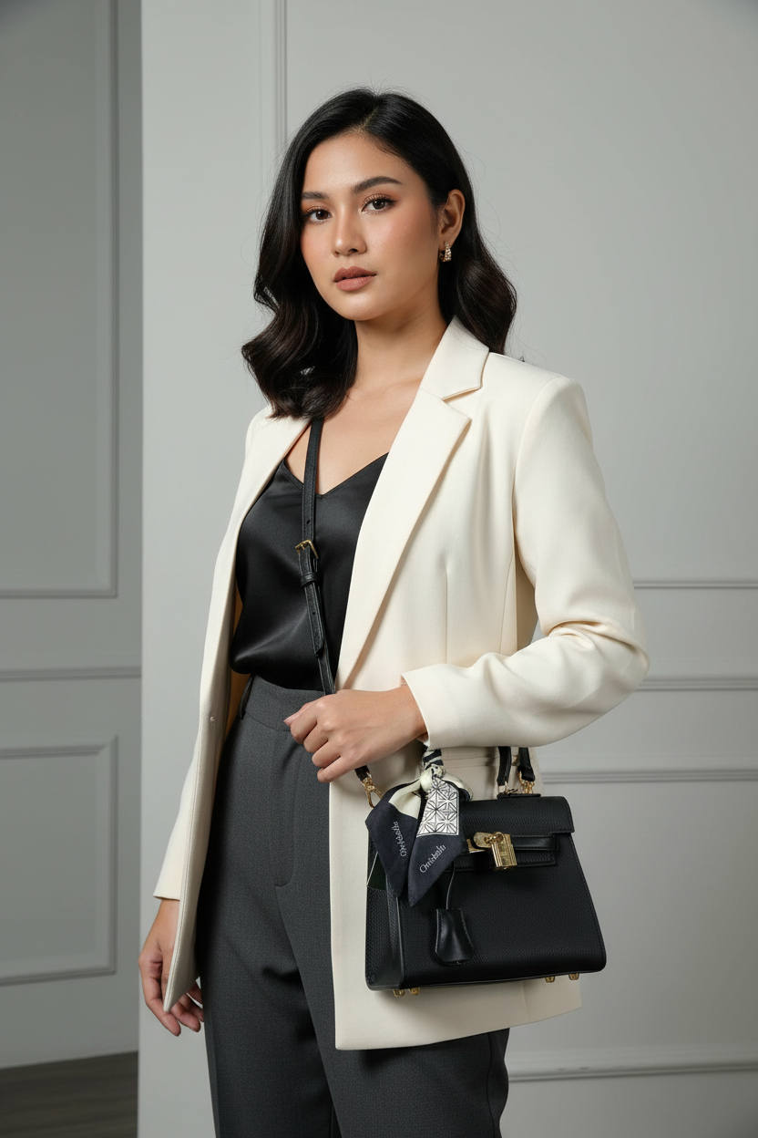 Chrisbella mini black luxury structured handbag with adjustable sling, scarf and lock for women in UAE