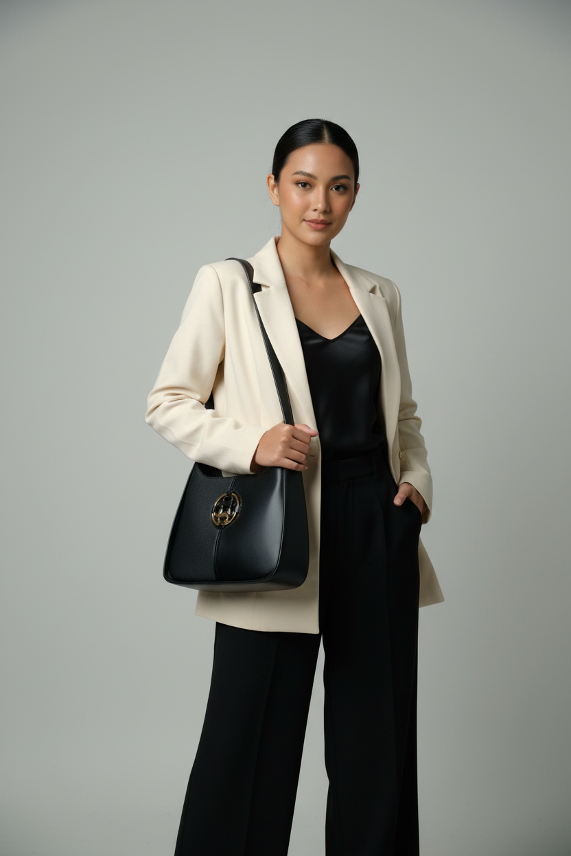 Chrisbella black luxury shoulder bag with gold hardware and matching wallet for women in UAE