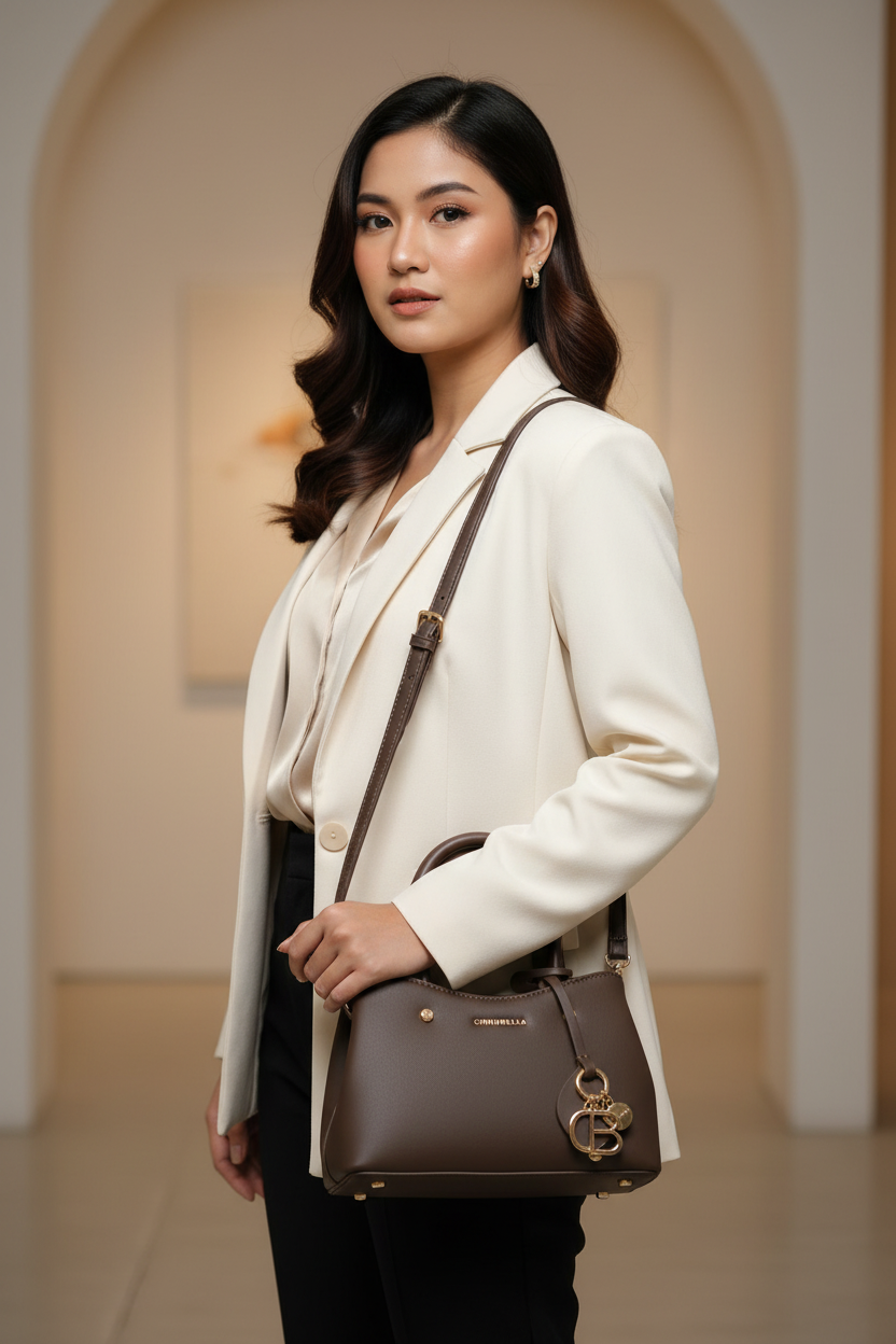 Chrisbella dark brown mini luxury handbag with adjustable sling and gold hardware for women in UAE