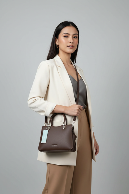 Chrisbella mini dark brown luxury handbag with adjustable sling and matching pouch for women in UAE
