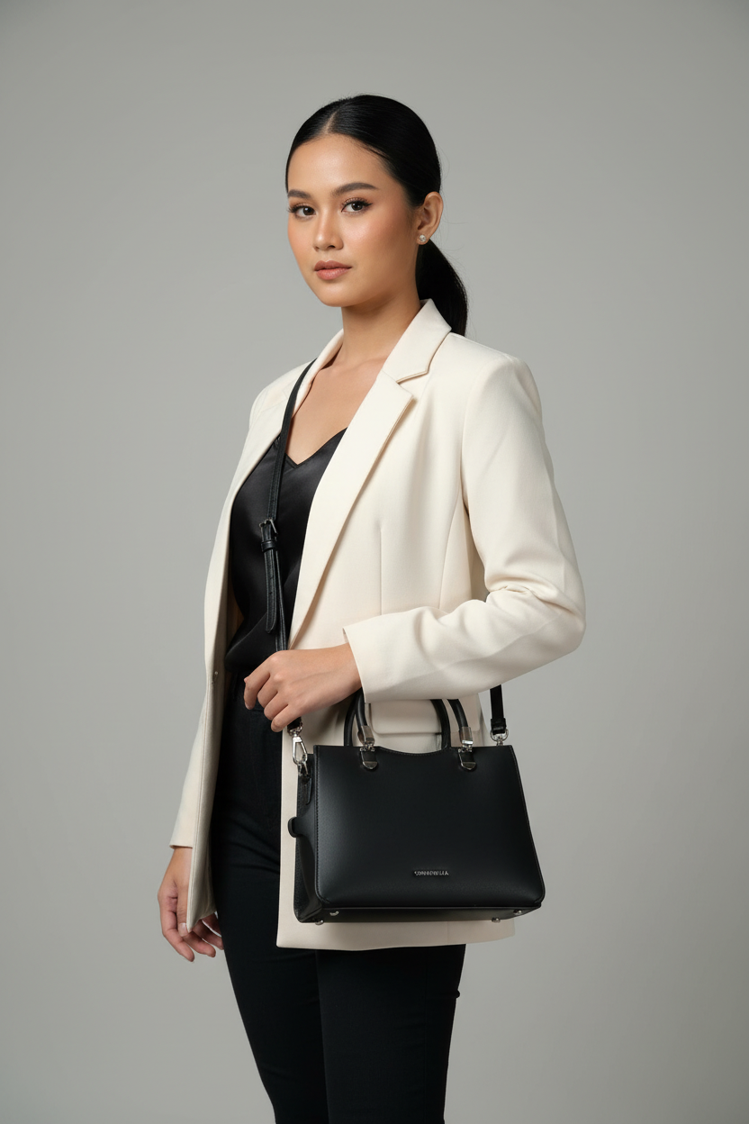 Chrisbella mini black luxury handbag with adjustable sling and matching pouch for women in UAE