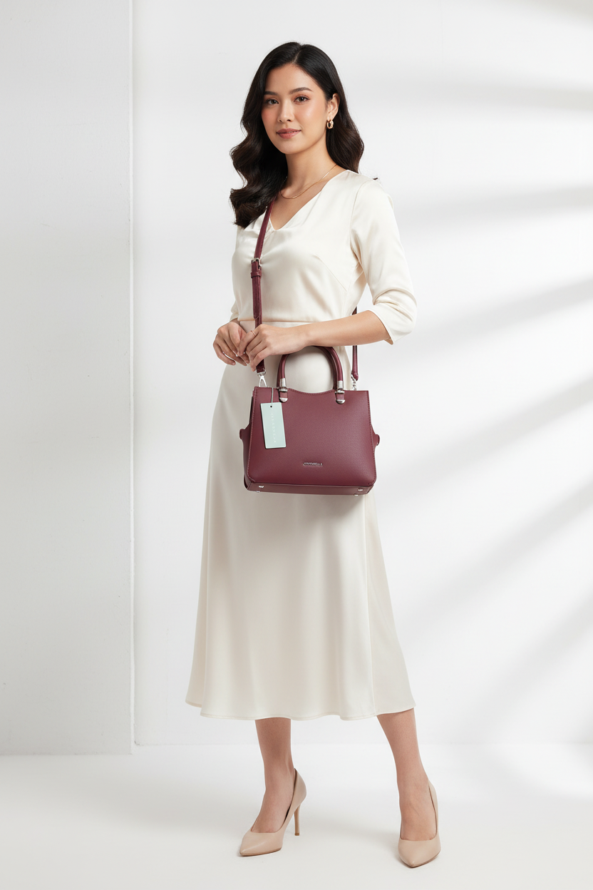 Chrisbella mini burgundy wine luxury handbag with adjustable sling and matching pouch for women in UAE