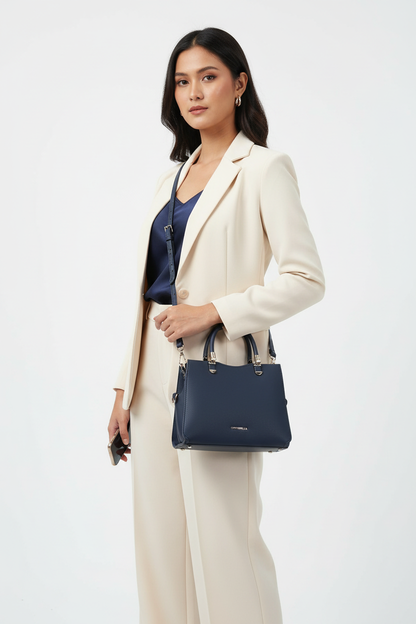 Chrisbella mini navy blue luxury handbag with adjustable sling and matching pouch for women in UAE