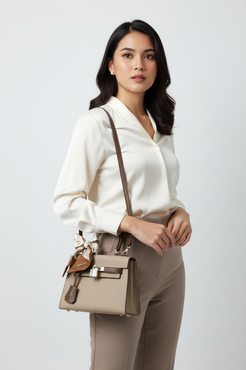 Chrisbella mini khaki luxury structured handbag with decorative scarf and lock detail for women in UAE