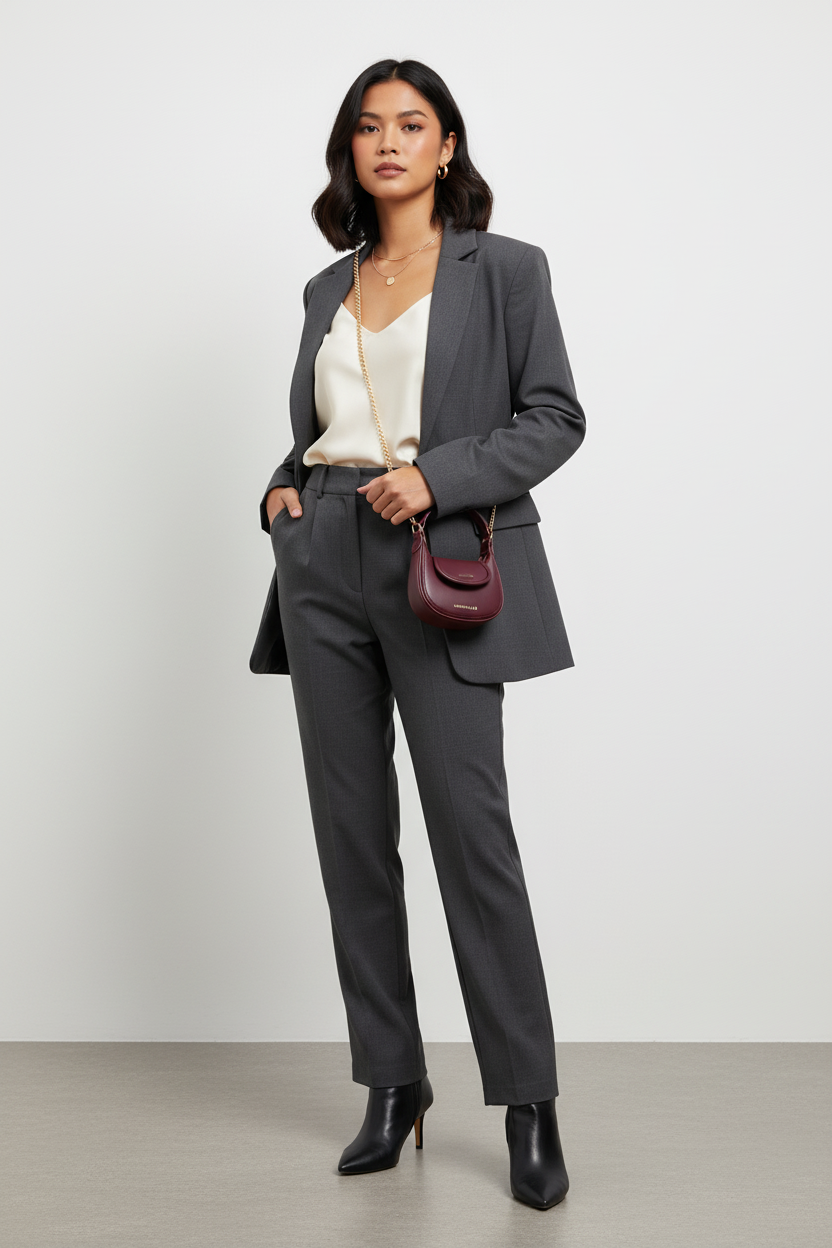 Filipina model wearing very small mini burgundy hobo bag with gold chain strap