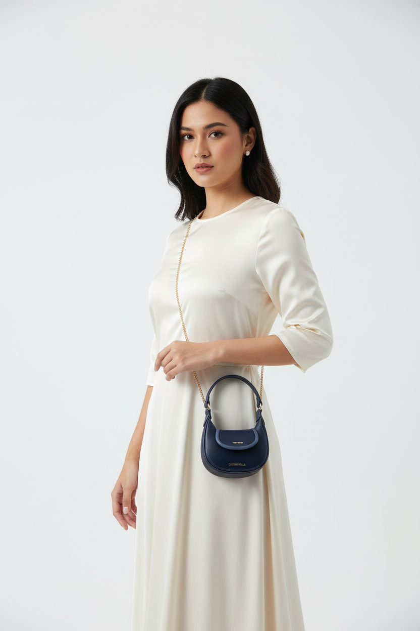 Chrisbella navy blue luxury hobo bag set with mini bag and gold chain strap for women in UAE