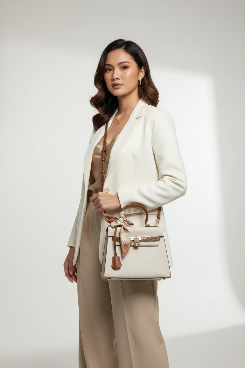 Chrisbella taupe olive brown luxury shoulder bag with gold hardware and matching wallet