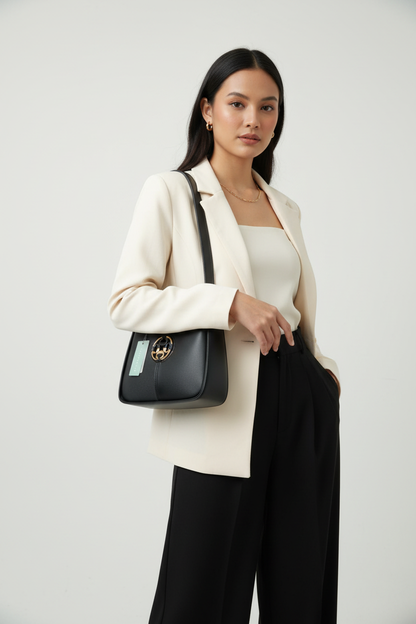 Chrisbella black luxury shoulder bag with gold hardware and matching wallet for women in UAE