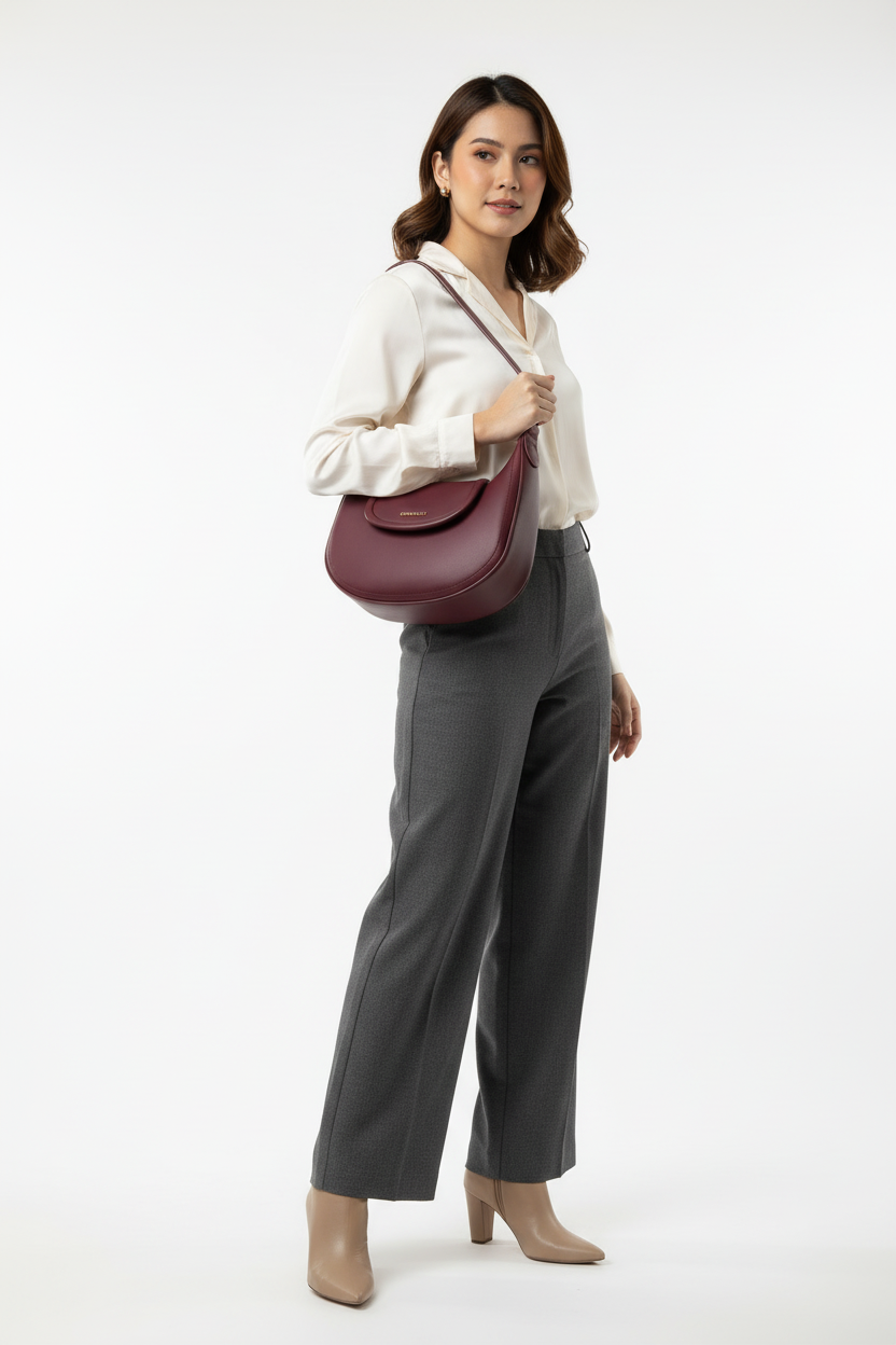 Filipina model with burgundy hobo bag under arm with short strap