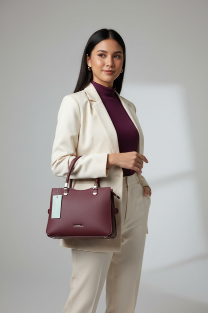 Chrisbella mini burgundy wine luxury handbag with adjustable sling and matching pouch for women in UAE