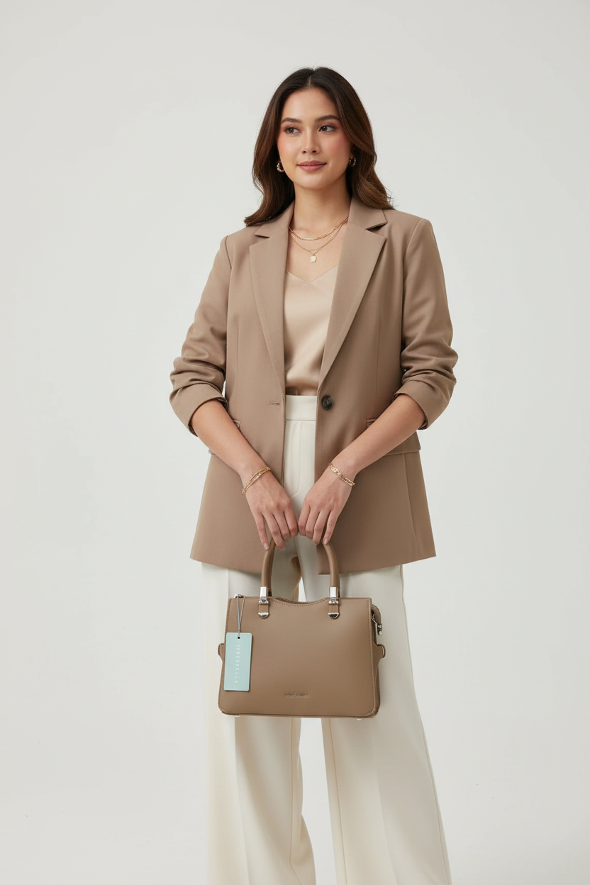 Chrisbella mini taupe brown luxury handbag with adjustable sling and matching pouch for women in UAE