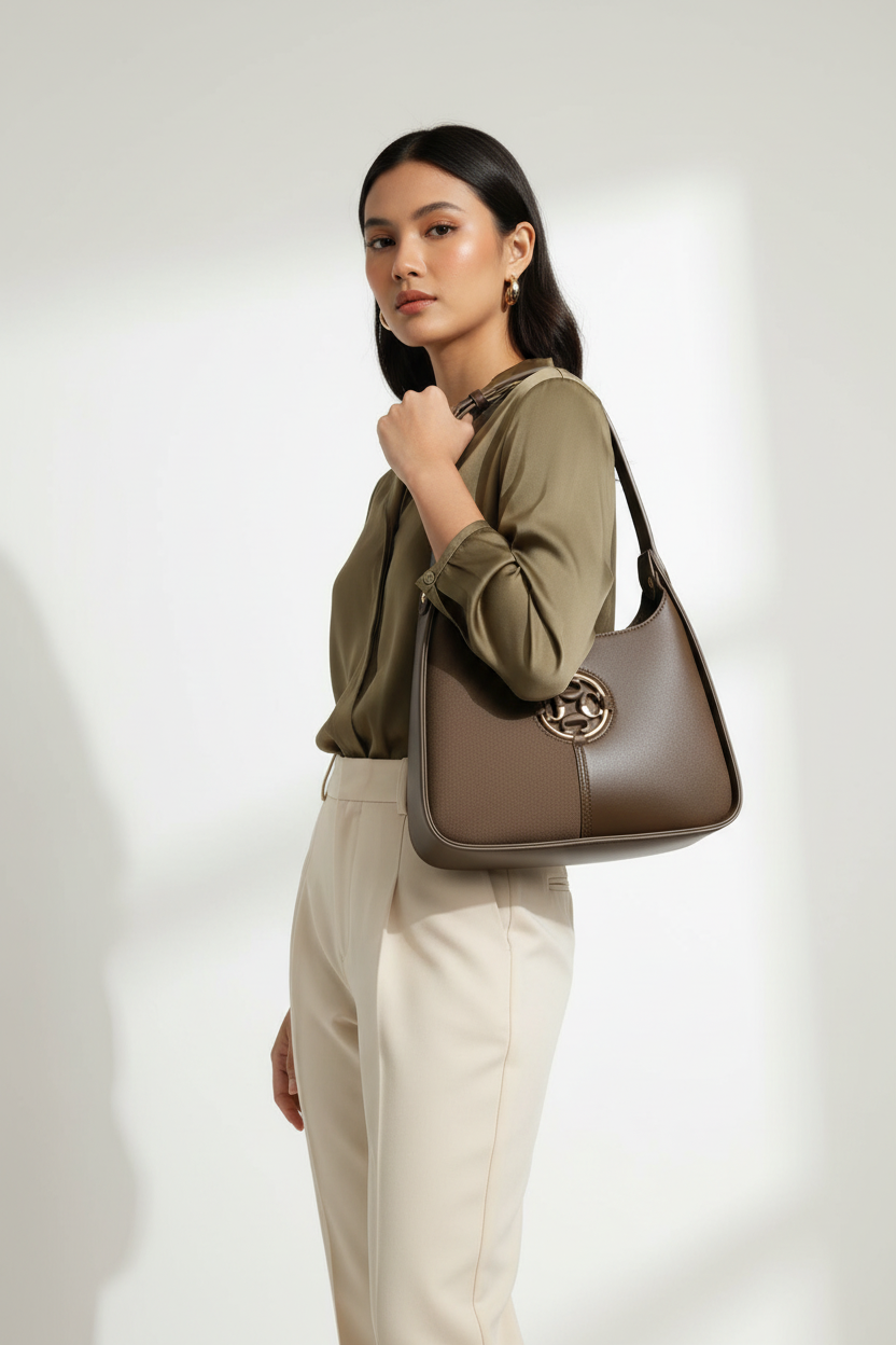 Filipina model with olive brown shoulder bag under arm