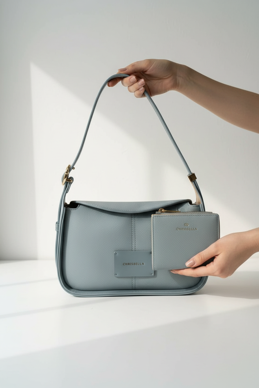 Chrisbella blue gray luxury shoulder hobo bag with adjustable sling and matching wallet for women in UAE