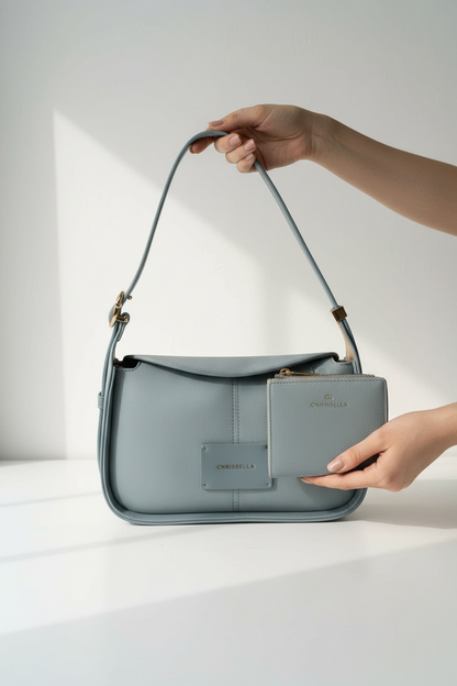 Chrisbella blue gray luxury shoulder hobo bag with adjustable sling and matching wallet for women in UAE