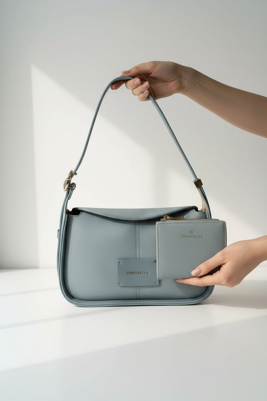 Chrisbella blue gray luxury shoulder hobo bag with adjustable sling and matching wallet for women in UAE