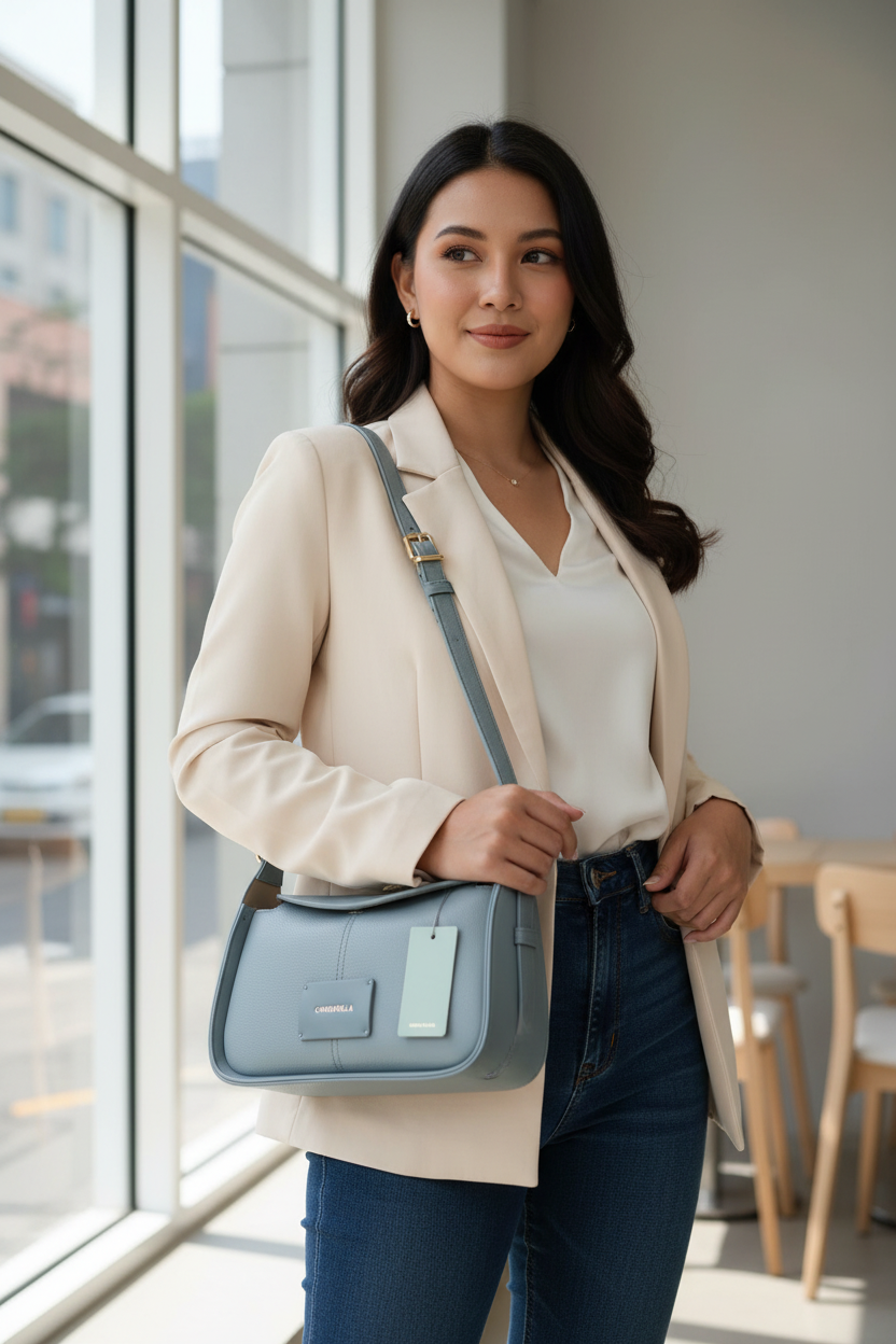 Chrisbella blue gray luxury shoulder hobo bag with adjustable sling and matching wallet for women in UAE